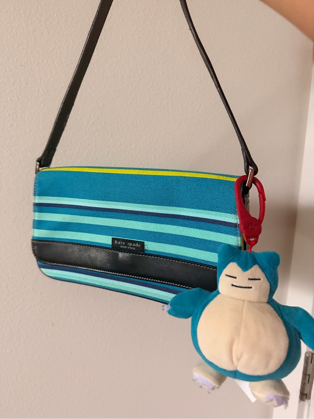 kate spade Teal and Black Striped shoulder purse and Plush Charm